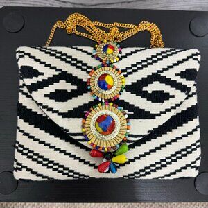 Tribal Patterned Clutch Purse With Colorful Beaded Embellishment & Gold Chain St